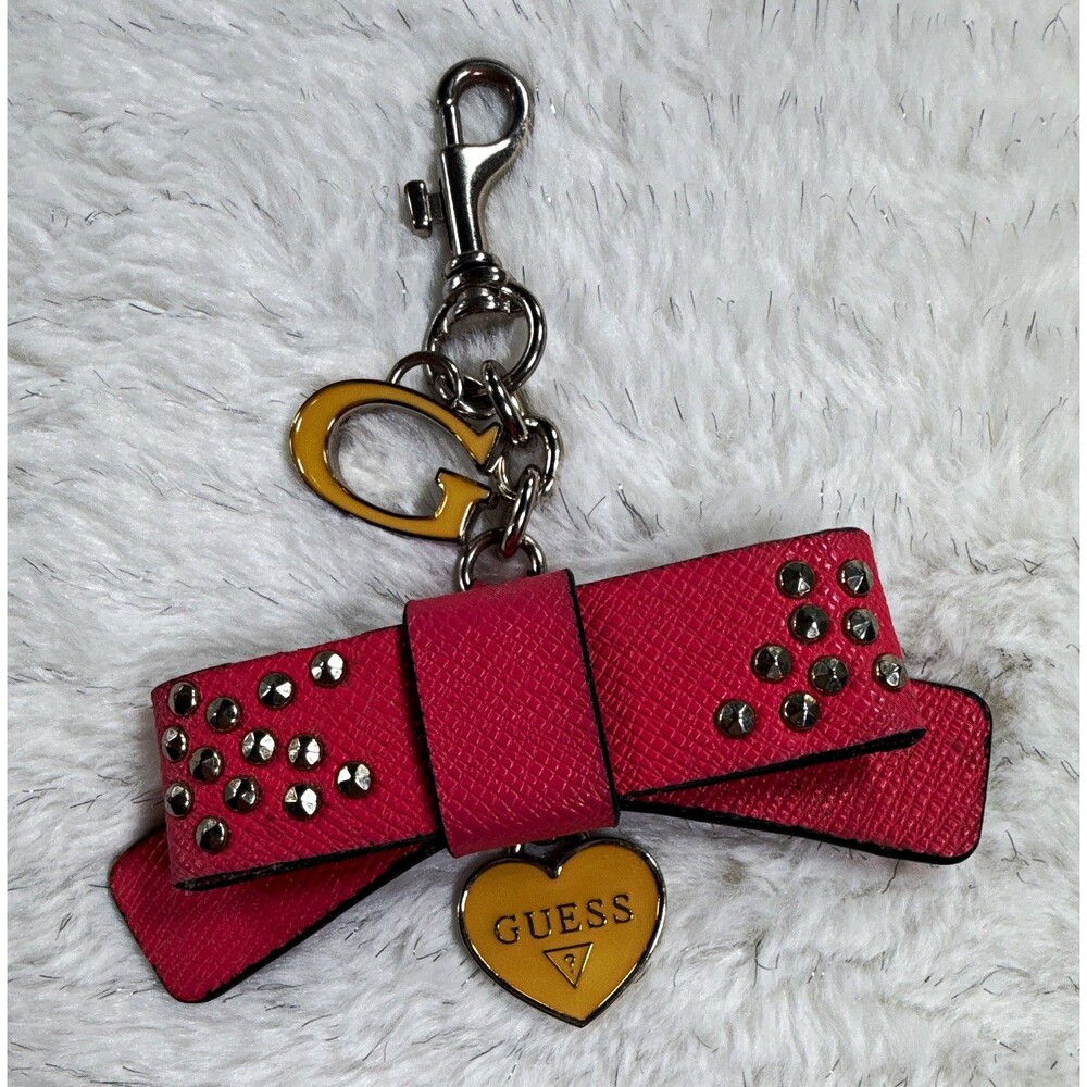 GUESS Pink Bow Studded Key Chain Logo Heart Charm Clip Faux Leather